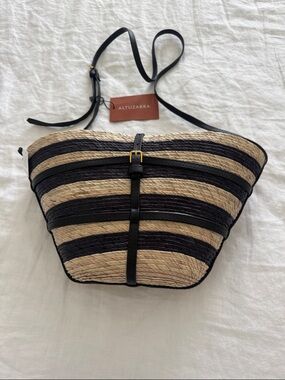 Altuzarra Black and Natural Striped Straw Shoulder Bag with Leather Strap